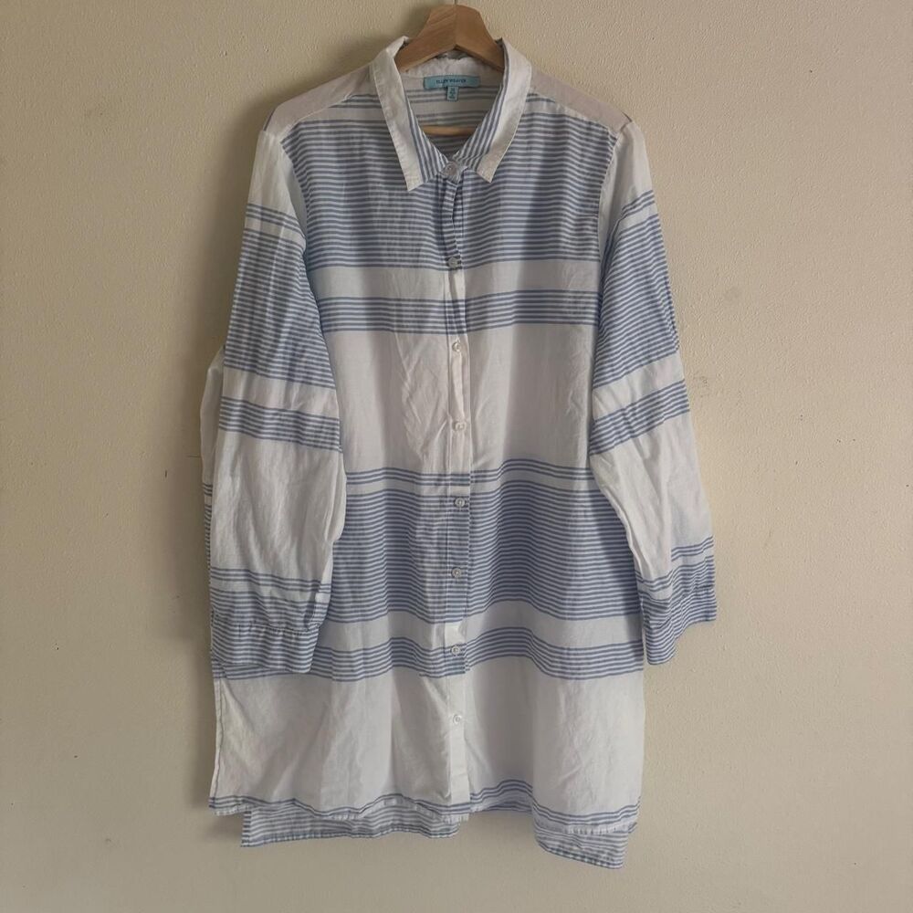 Ellen Weaver 3X Cotton Striped Swim Cover Up Oversized Coastal Tunic Shirt